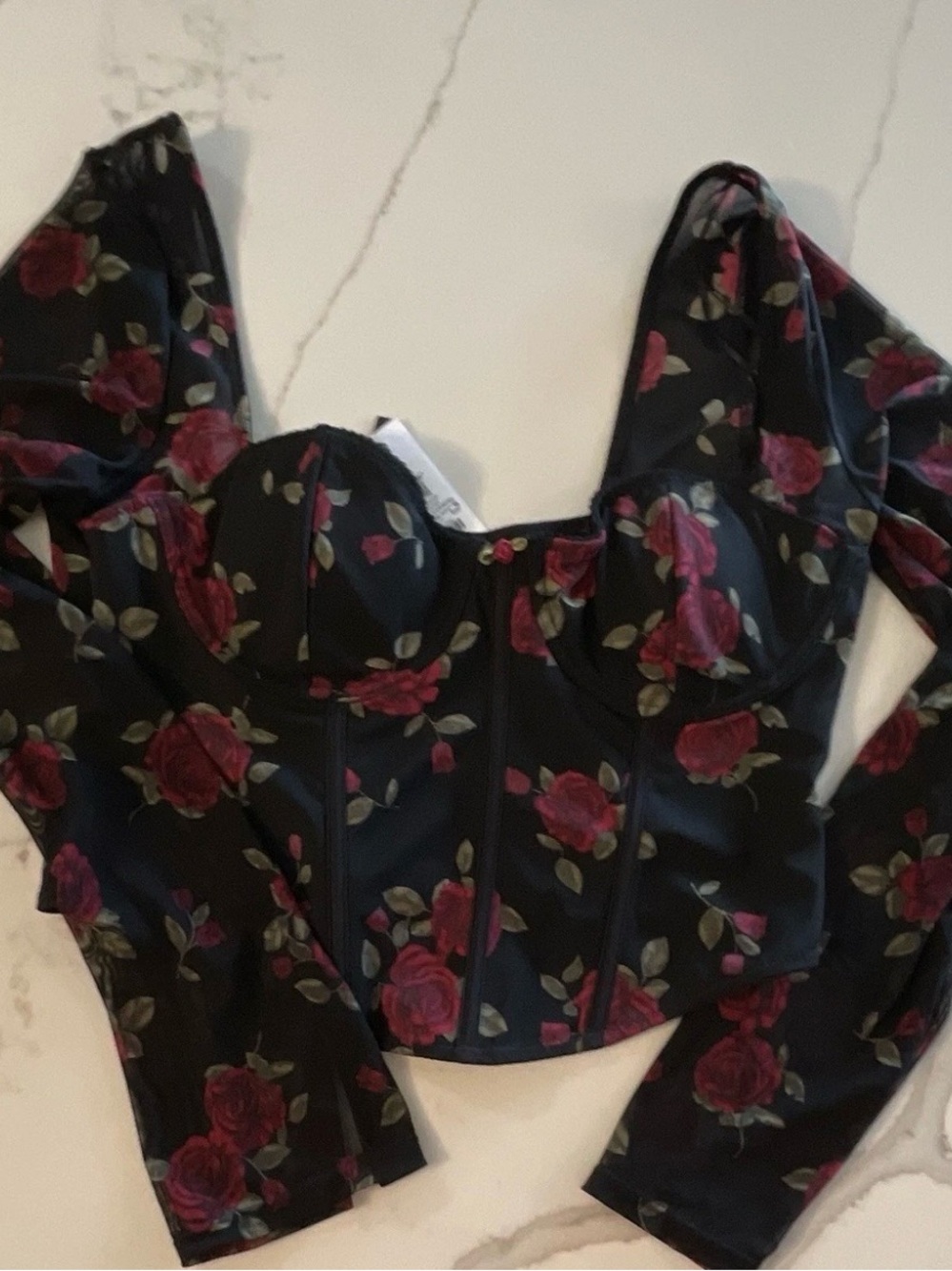 Garage Black Floral Bustier Long-Sleeve Crop Top